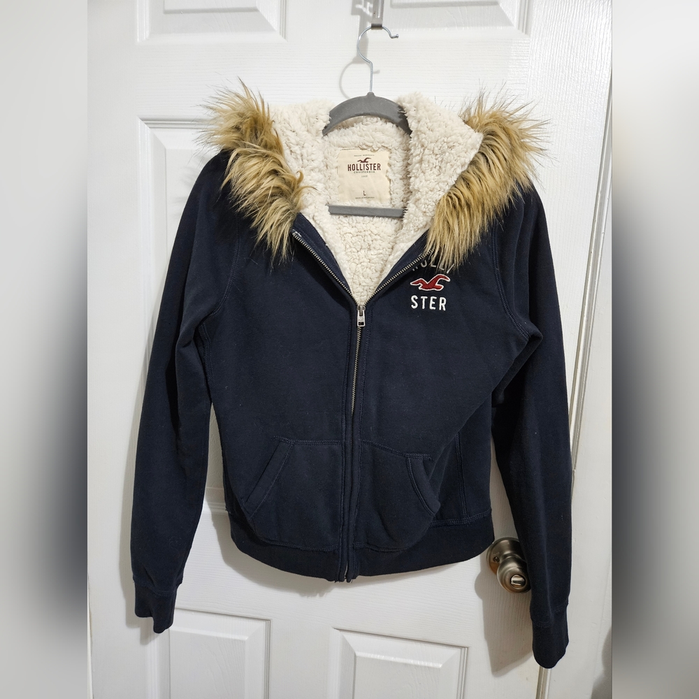 Hollister Navy Blue Fur Lined Zip Up Hoodie
